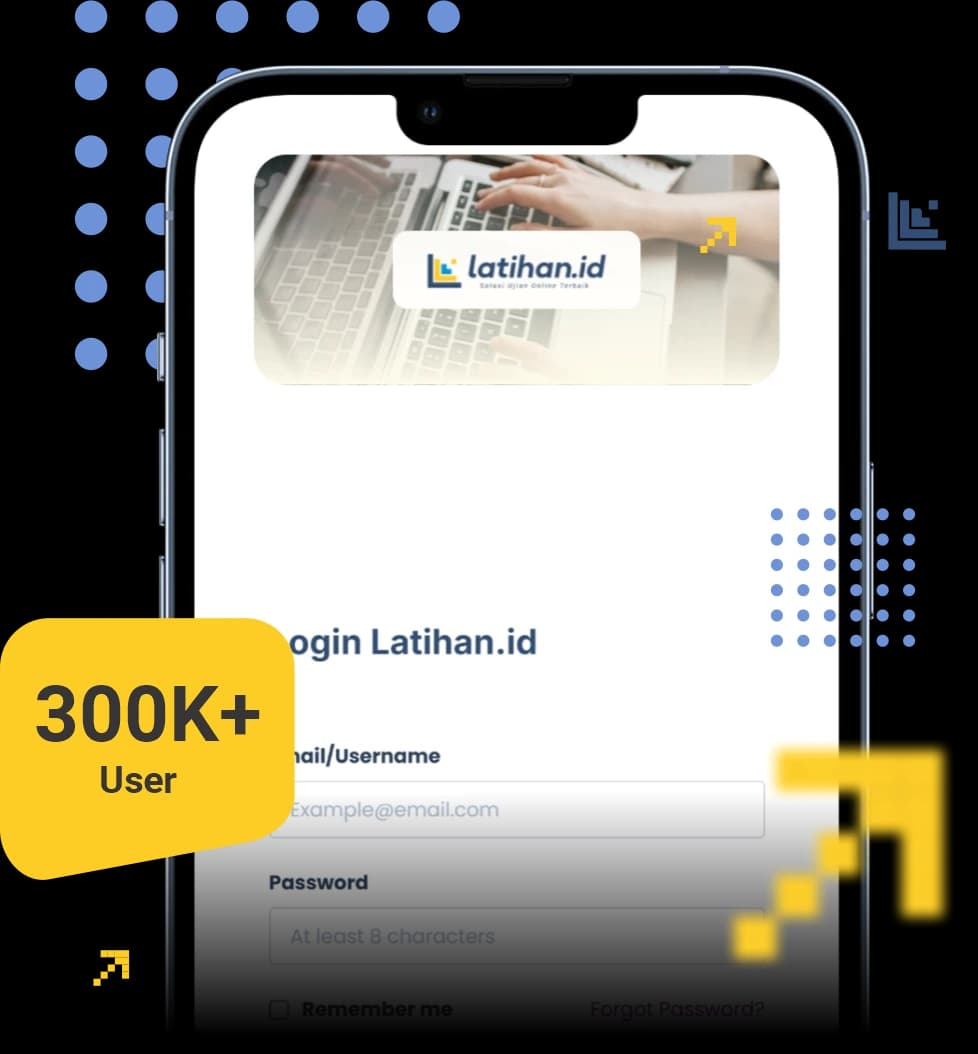 Tampilan dashboard aplikasi ujian online Latihan.id pada layar laptop dan perangkat mobile
