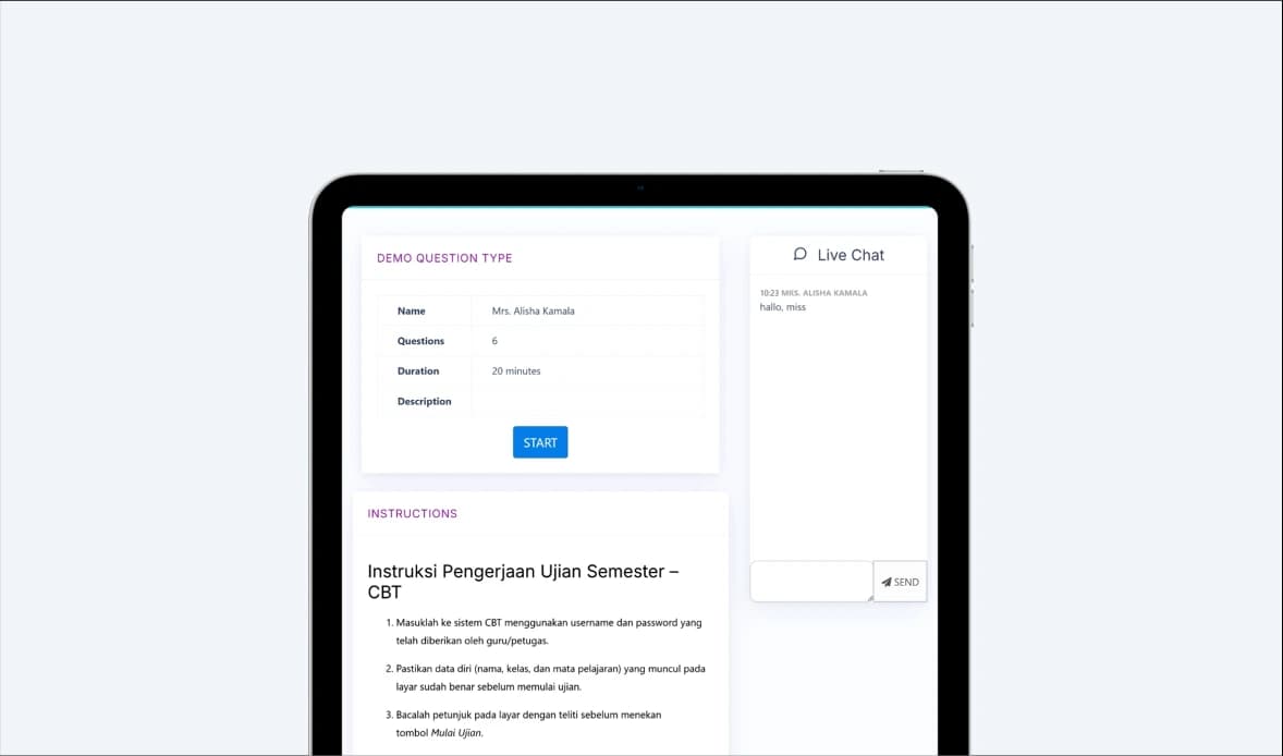 Antarmuka aplikasi Latihan.id di iPad untuk ujian online aman dengan mode lock assessment
