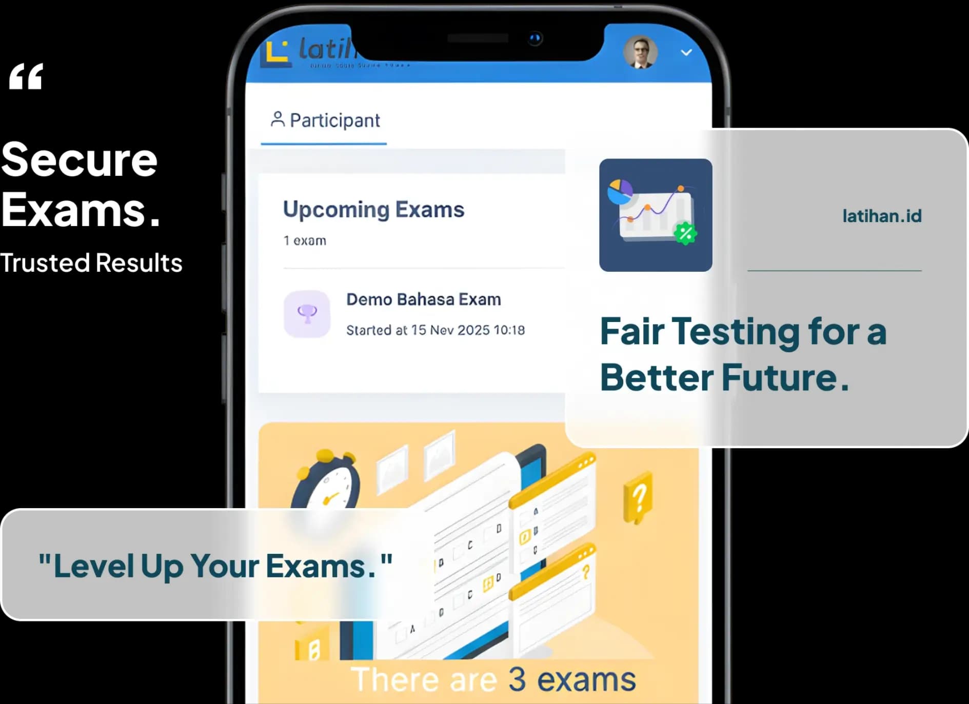 Preview antarmuka Latihan.id, solusi aplikasi ujian online (CBT) yang aman dan terintegrasi.