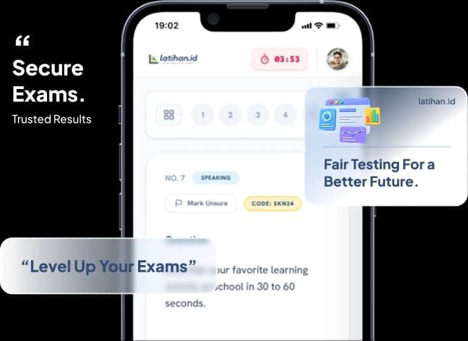 Preview antarmuka Latihan.id, solusi aplikasi ujian online (CBT) yang aman dan terintegrasi.