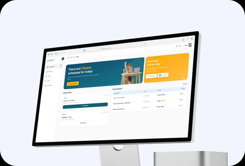 Web Application Tampilan aplikasi web Latihan.id untuk ujian online aman melalui browser di laptop atau desktop